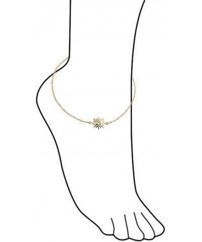 Sunburst Sun Shape Beach CZ Accent Anklet Ankle Bracelet For Women 14K Gold Plated .925 Sterling Silver Adjustable 9 To 10 In...