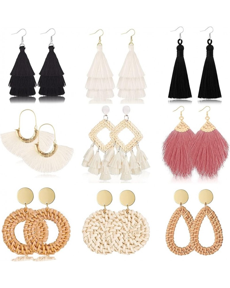 9-12 Pairs Rattan Earrings for Women Handmade Boho Tassel Earrings Lightweight Acrylic Earrings Set D $12.38 Earrings