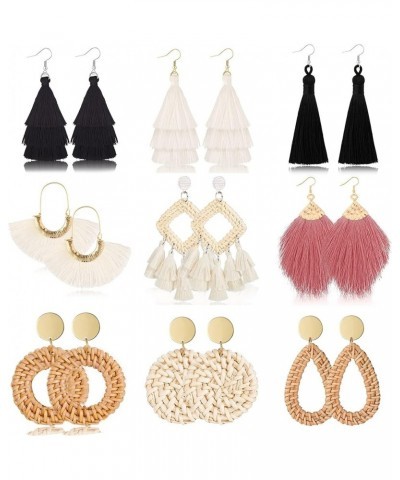 9-12 Pairs Rattan Earrings for Women Handmade Boho Tassel Earrings Lightweight Acrylic Earrings Set D $12.38 Earrings