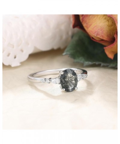 Natural Fashion Women's Black Rutilated Quartz Ring Half Eternity Minimalist Rings 6x8mm Oval Cut 1.5CT Platinum Plated 925 S...