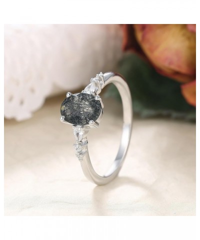 Natural Fashion Women's Black Rutilated Quartz Ring Half Eternity Minimalist Rings 6x8mm Oval Cut 1.5CT Platinum Plated 925 S...