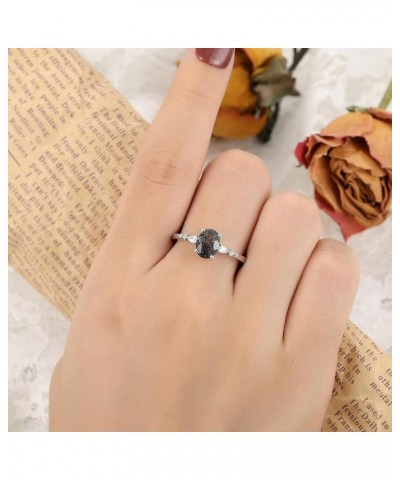 Natural Fashion Women's Black Rutilated Quartz Ring Half Eternity Minimalist Rings 6x8mm Oval Cut 1.5CT Platinum Plated 925 S...