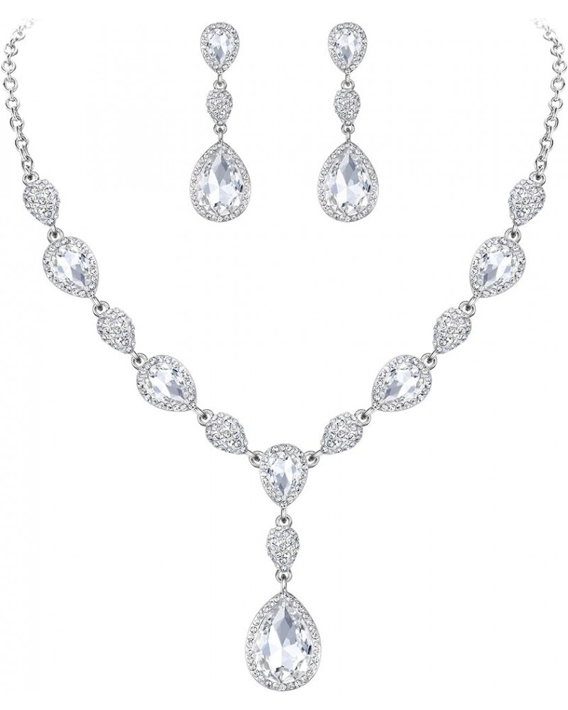 Women's Cubic Zirconia Teardrop Y-Necklaces Dangle Earrings Jewelry Sets for Brides Bridesmaids 06-Clear Silver-Tone $15.65 J...