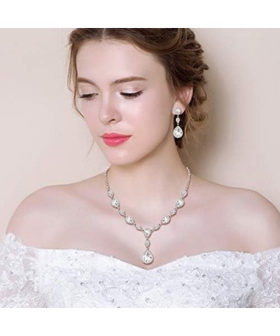 Women's Cubic Zirconia Teardrop Y-Necklaces Dangle Earrings Jewelry Sets for Brides Bridesmaids 06-Clear Silver-Tone $15.65 J...