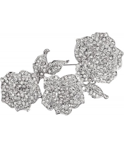 Women's Austrian Crystal Enamel Romantic Blooming Rose Flower Leaf Brooch White Silver-Tone $10.80 Brooches & Pins