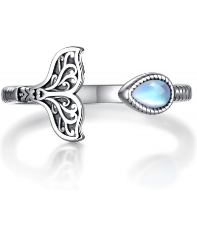 Sterling Silver Mermaid Ring for Women: Adjustable Vintage Mermaid Tail Opal Moonstone Rings Ocean Sea Jewelry Gifts for Girl...
