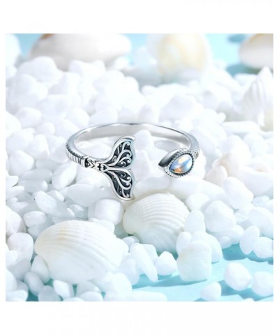 Sterling Silver Mermaid Ring for Women: Adjustable Vintage Mermaid Tail Opal Moonstone Rings Ocean Sea Jewelry Gifts for Girl...