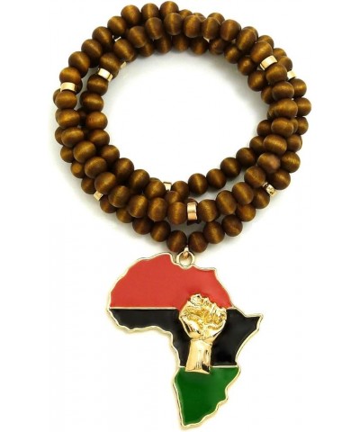 Power Fist Over Pan African Africa Pendant with Wood Bead Necklace GOLD/BROWN $11.04 Necklaces