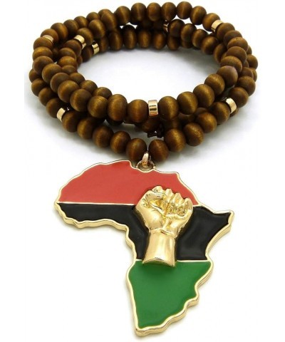 Power Fist Over Pan African Africa Pendant with Wood Bead Necklace GOLD/BROWN $11.04 Necklaces