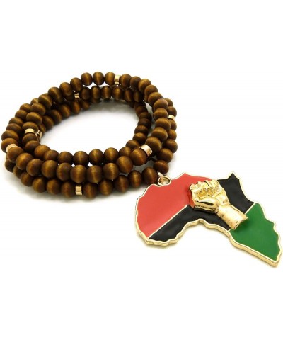 Power Fist Over Pan African Africa Pendant with Wood Bead Necklace GOLD/BROWN $11.04 Necklaces