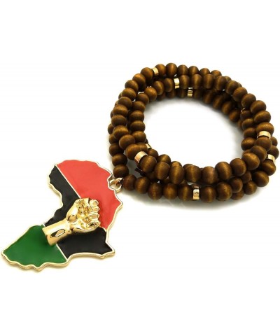 Power Fist Over Pan African Africa Pendant with Wood Bead Necklace GOLD/BROWN $11.04 Necklaces