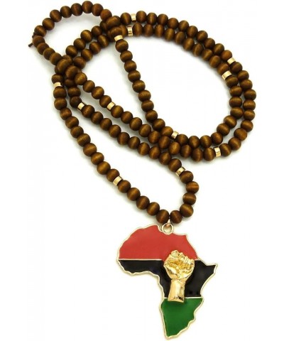 Power Fist Over Pan African Africa Pendant with Wood Bead Necklace GOLD/BROWN $11.04 Necklaces