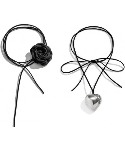 Black Rose Flower＆ Big Love Heart Choker 2 Pcs Set, Velvet Long Band Goth Adjustable Necklace, Costume Ball Wedding Party Out...