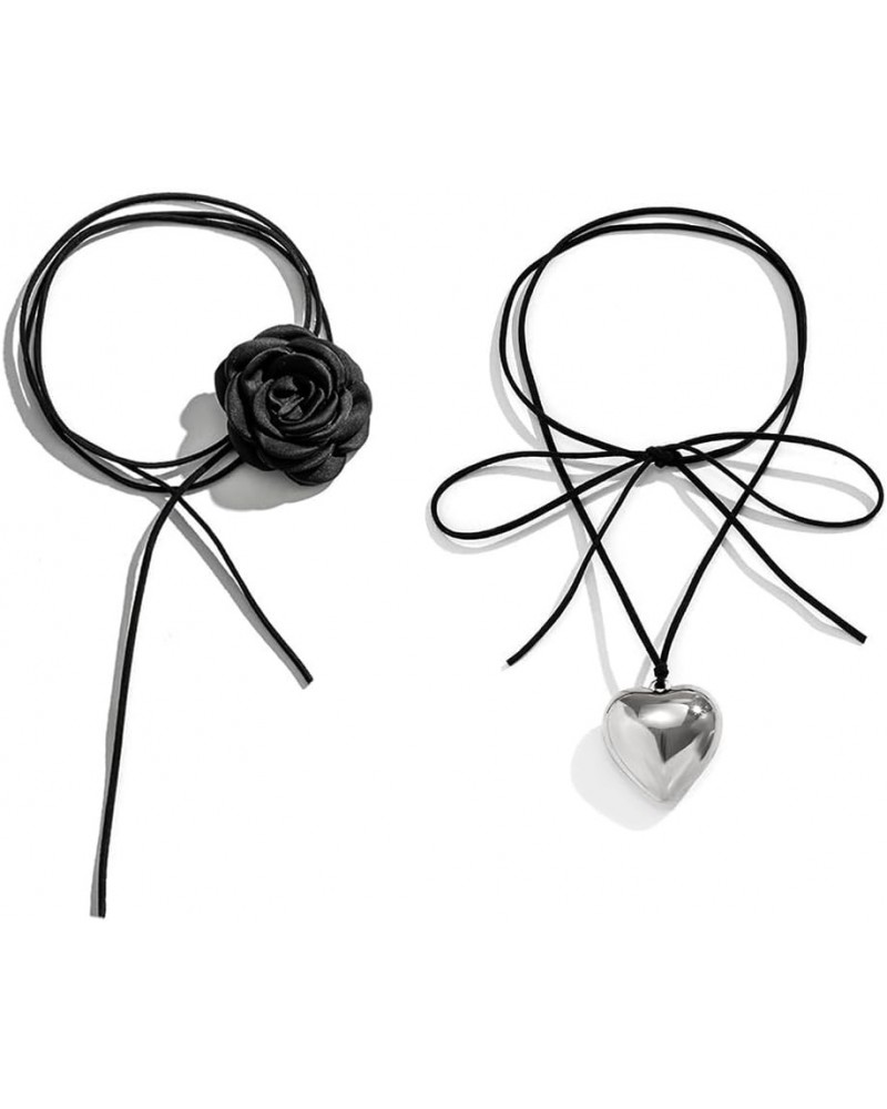 Black Rose Flower＆ Big Love Heart Choker 2 Pcs Set, Velvet Long Band Goth Adjustable Necklace, Costume Ball Wedding Party Out...