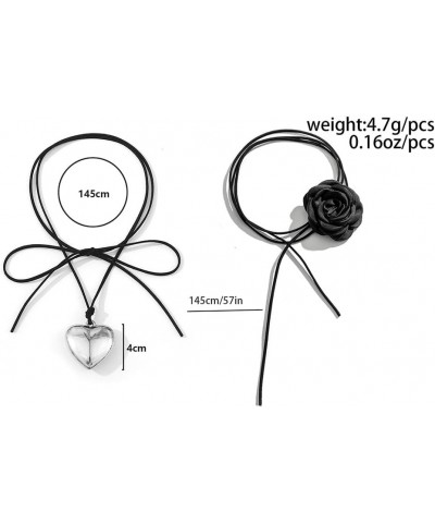 Black Rose Flower＆ Big Love Heart Choker 2 Pcs Set, Velvet Long Band Goth Adjustable Necklace, Costume Ball Wedding Party Out...