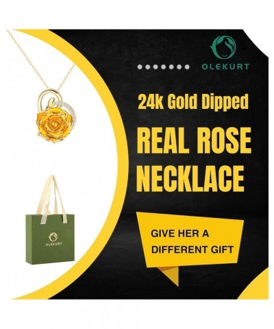 Rose Pendant Necklace for Women, 24K Gold-Plated, Adjustable Length, Fashion Jewelry, Best Gifts for Her Heart Yellow Rose Ne...