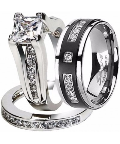 Hers and His Stainless Steel Princess Wedding Ring Set and Titanium Wedding Band Women's Size 07 Men's Size 06 $23.58 Sets