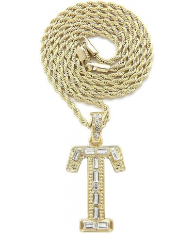 Unisex Stone Filled Initial Letter Pendant 24 inches Rope Chain Necklace Gold - T $12.38 Necklaces