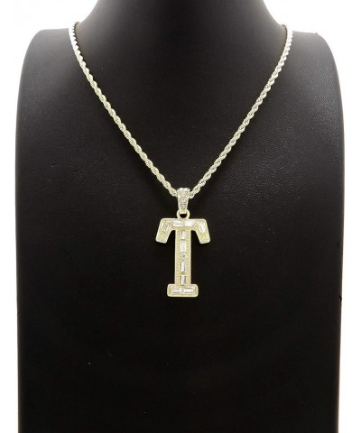 Unisex Stone Filled Initial Letter Pendant 24 inches Rope Chain Necklace Gold - T $12.38 Necklaces