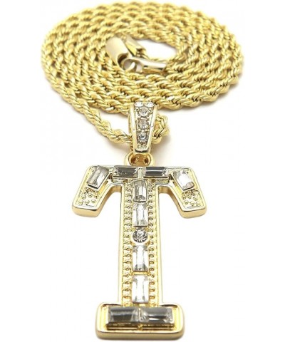 Unisex Stone Filled Initial Letter Pendant 24 inches Rope Chain Necklace Gold - T $12.38 Necklaces