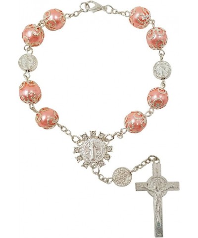 One Decade Auto Rosary Beads Catholic Bracelet Saint St Benedict Crucifix Divine Mercy Gift Pink $8.26 Bracelets