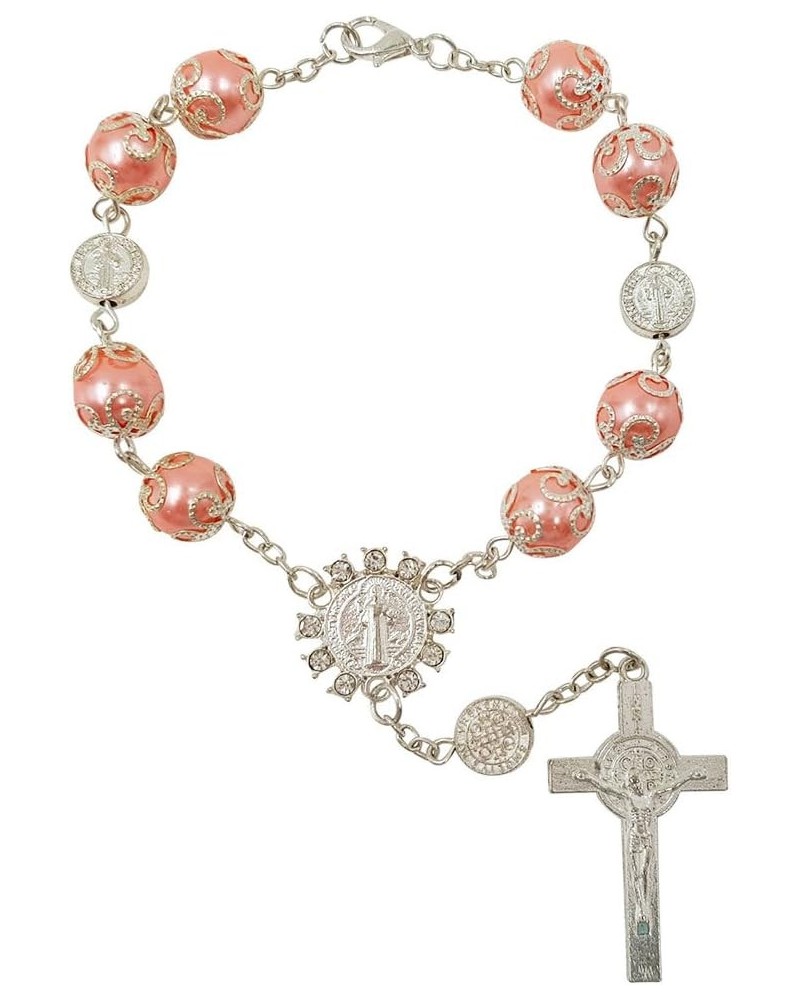 One Decade Auto Rosary Beads Catholic Bracelet Saint St Benedict Crucifix Divine Mercy Gift Pink $8.26 Bracelets