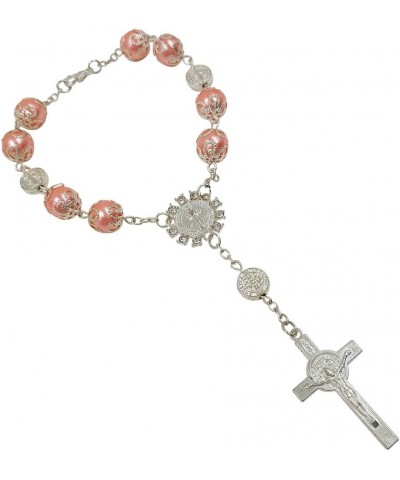 One Decade Auto Rosary Beads Catholic Bracelet Saint St Benedict Crucifix Divine Mercy Gift Pink $8.26 Bracelets