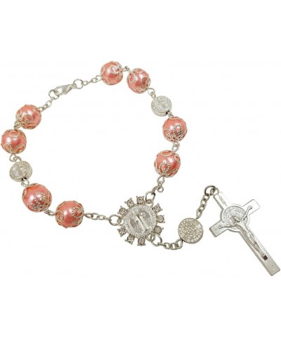 One Decade Auto Rosary Beads Catholic Bracelet Saint St Benedict Crucifix Divine Mercy Gift Pink $8.26 Bracelets