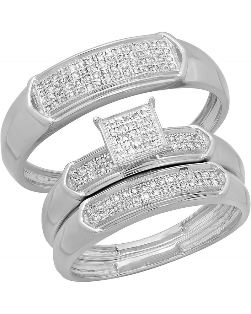 0.30 Carat (ctw) Round White Diamond Men & Women's Micro Pave Trio Bridal Wedding Set 1/3 CT, 14K White Gold womens size 8.5 ...