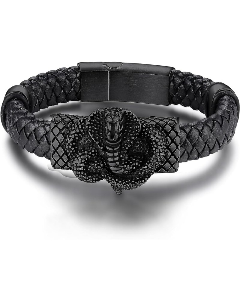 Stainless Steel Braided Leather Bracelet for Men, Punk Cuff Bangle 7.1'', 8.3'', 9 Inches Wristband, Black 7.1 Inches Naja -B...