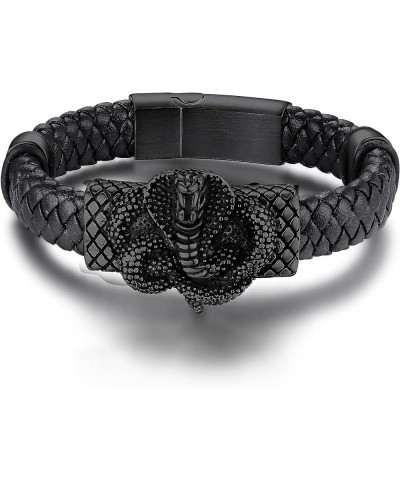 Stainless Steel Braided Leather Bracelet for Men, Punk Cuff Bangle 7.1'', 8.3'', 9 Inches Wristband, Black 7.1 Inches Naja -B...