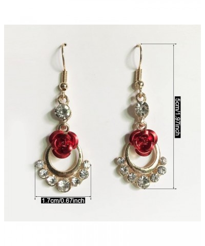 Vintage Wine Red 3D Rose Dangle Drop Earrings for Women Girls Statement Heart Dangle Earrings with Crystal Rhinestone Valenti...