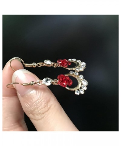 Vintage Wine Red 3D Rose Dangle Drop Earrings for Women Girls Statement Heart Dangle Earrings with Crystal Rhinestone Valenti...