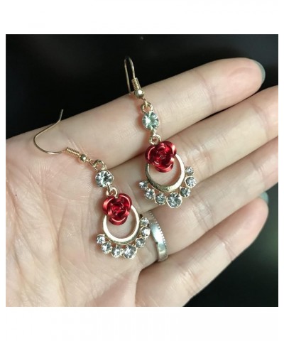 Vintage Wine Red 3D Rose Dangle Drop Earrings for Women Girls Statement Heart Dangle Earrings with Crystal Rhinestone Valenti...