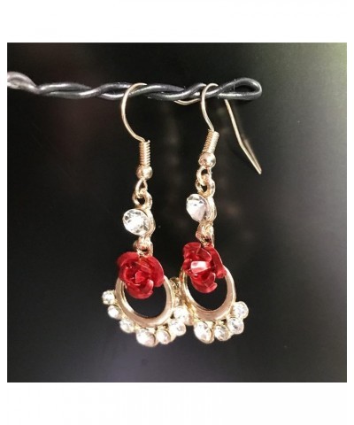 Vintage Wine Red 3D Rose Dangle Drop Earrings for Women Girls Statement Heart Dangle Earrings with Crystal Rhinestone Valenti...