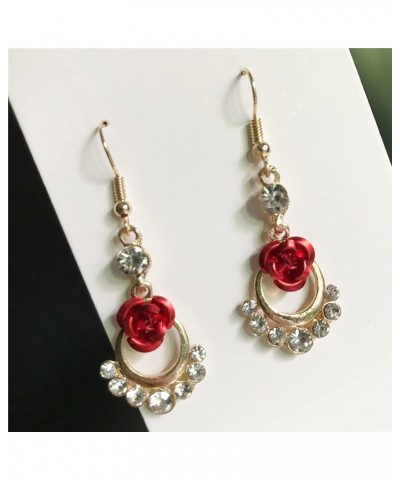 Vintage Wine Red 3D Rose Dangle Drop Earrings for Women Girls Statement Heart Dangle Earrings with Crystal Rhinestone Valenti...