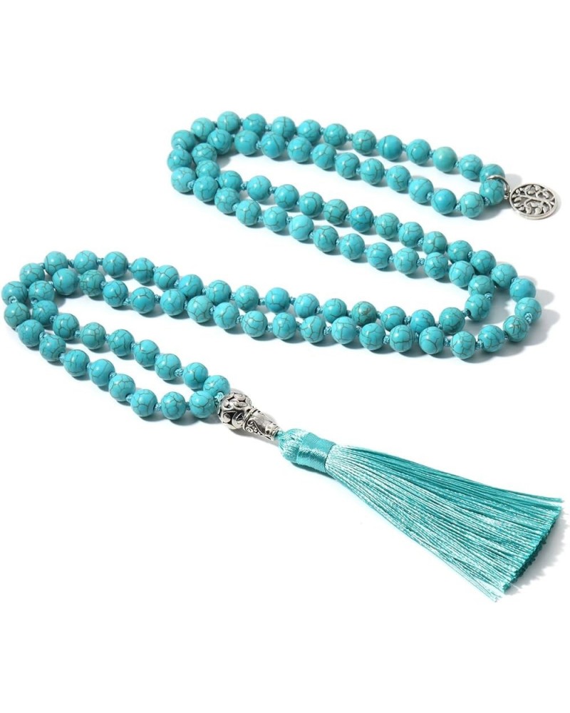 Handmade 8MM Semi-precious Stone Beaded Natural Wood Mala Beads Long Tassel Fringe Pendant Necklace for Women Men Prayer Tibe...