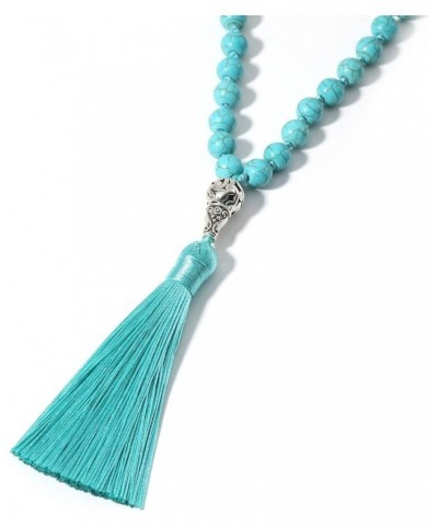 Handmade 8MM Semi-precious Stone Beaded Natural Wood Mala Beads Long Tassel Fringe Pendant Necklace for Women Men Prayer Tibe...