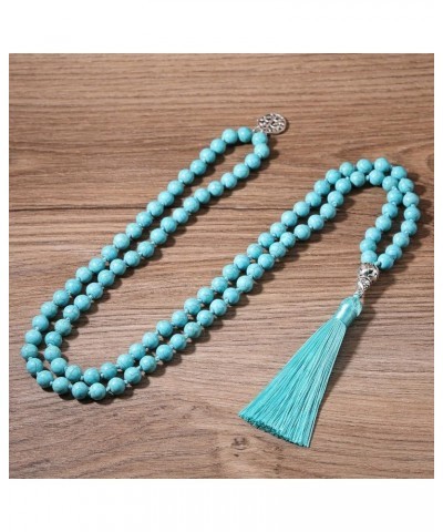 Handmade 8MM Semi-precious Stone Beaded Natural Wood Mala Beads Long Tassel Fringe Pendant Necklace for Women Men Prayer Tibe...