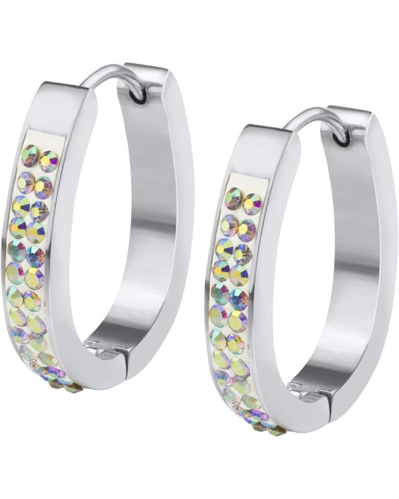 Stainless Steel Cubic Zirconia Hoop Huggie Earrings for Women & Girls Silver & Rainbow CZ $8.66 Earrings