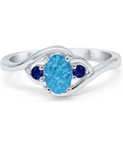 Three Stone Engagement Ring Oval Cut Round Simulated Blue Sapphire Cubic Zirconia 925 Sterling Silver Lab Created Blue Opal $...