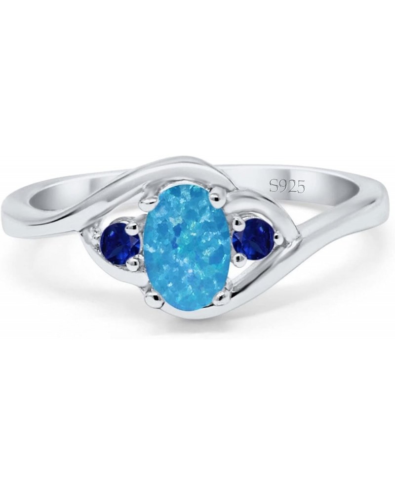 Three Stone Engagement Ring Oval Cut Round Simulated Blue Sapphire Cubic Zirconia 925 Sterling Silver Lab Created Blue Opal $...