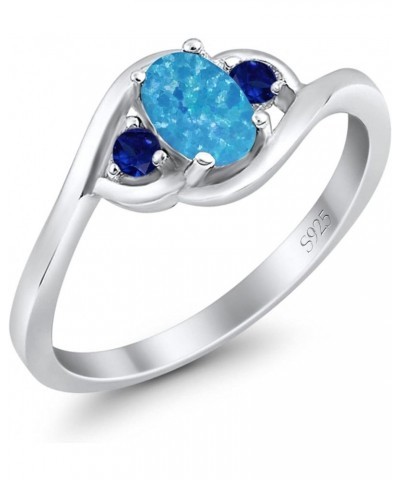 Three Stone Engagement Ring Oval Cut Round Simulated Blue Sapphire Cubic Zirconia 925 Sterling Silver Lab Created Blue Opal $...