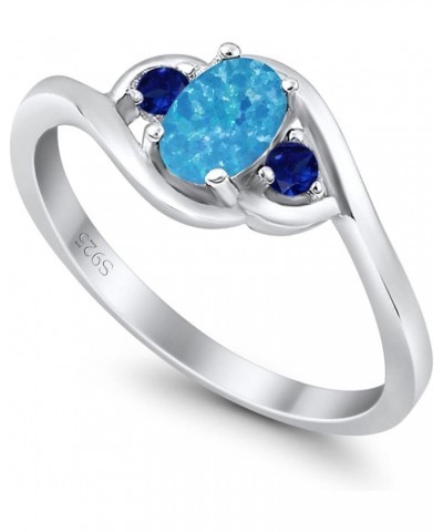 Three Stone Engagement Ring Oval Cut Round Simulated Blue Sapphire Cubic Zirconia 925 Sterling Silver Lab Created Blue Opal $...