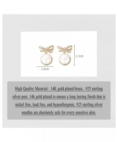 14K Gold Ribbon Bow Stud Earrings for Women CZ cubic zirconia Dainty Gold Plated Pearl Earring for Women Jewelry Birthday Gif...