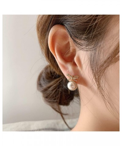 14K Gold Ribbon Bow Stud Earrings for Women CZ cubic zirconia Dainty Gold Plated Pearl Earring for Women Jewelry Birthday Gif...