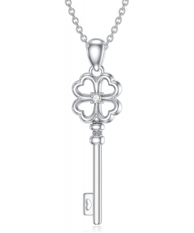 925 Sterling Silver Key Necklace Lab Grown Diamond Four Leaf Clover Pendant Gift for Women Girls $29.28 Necklaces