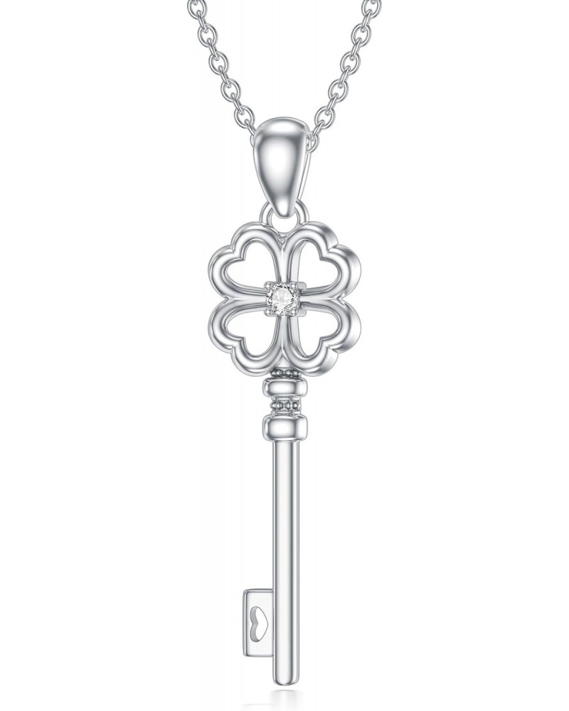 925 Sterling Silver Key Necklace Lab Grown Diamond Four Leaf Clover Pendant Gift for Women Girls $29.28 Necklaces