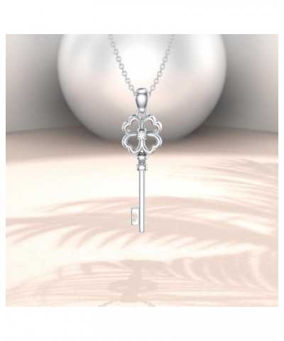 925 Sterling Silver Key Necklace Lab Grown Diamond Four Leaf Clover Pendant Gift for Women Girls $29.28 Necklaces