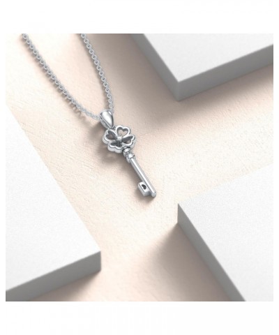 925 Sterling Silver Key Necklace Lab Grown Diamond Four Leaf Clover Pendant Gift for Women Girls $29.28 Necklaces